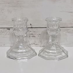 NWOT 2 Ornate Clear Glass 4” Candle Stick Holders