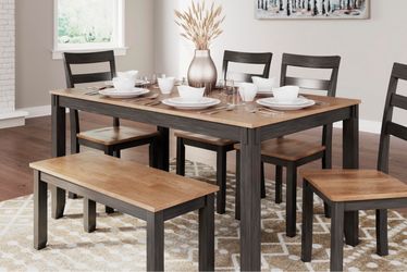 Two-Tone Dining Table Set with Bench and Chairs