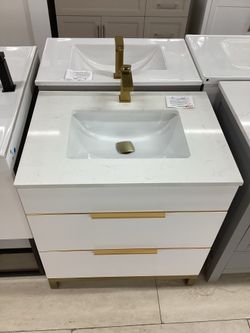 30” bathroom vanity cabinet new solid wood fully assembled Softclose drawers Quartz top brushed gold handles ready for pick up today