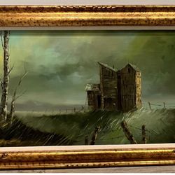 VINTAGE THOMAS R MANLEY LARGE OIL PAINTING ABANDONED BARN