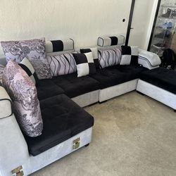Velvet Black And Gray Couch Sectional With 4 Stools 