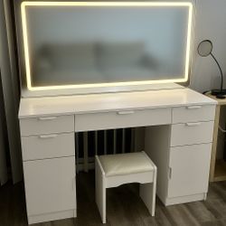 Large White Makeup Vanity Table with LED Mirror & 5 Drawers and Stool