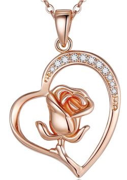 Rose Gold Pendant Heart Necklace - Rose Hypoallergenic Women CZ Rose Flower Double Open Heart Necklace for Women Girls