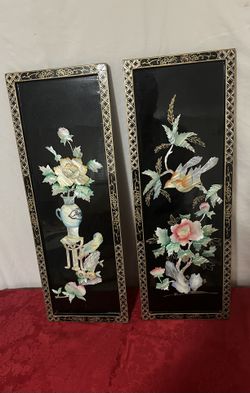 PAIR OF VINTAGE ASIAN WALL ART PANELS, MOTHER OF PEARL ON BLACK LACQUERED WOOD