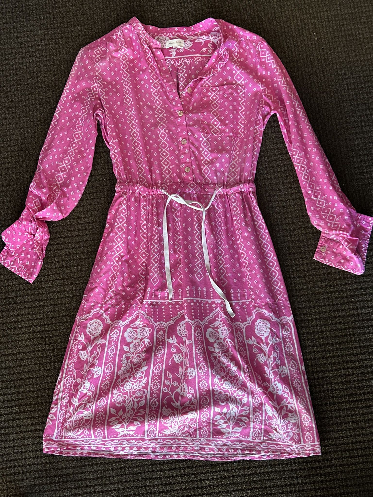 Anthropologie Meadow Rue Pink Summer Tunic Indian Style Tie Waisted Shirt Dress