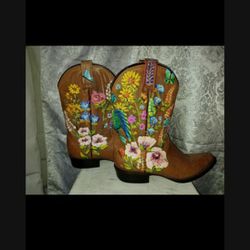 Hand Painted Cowboy Boots BIRDS & FLOWERS!!!  SIZE 5