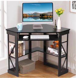 Black Corner Computer Desk with Shelves