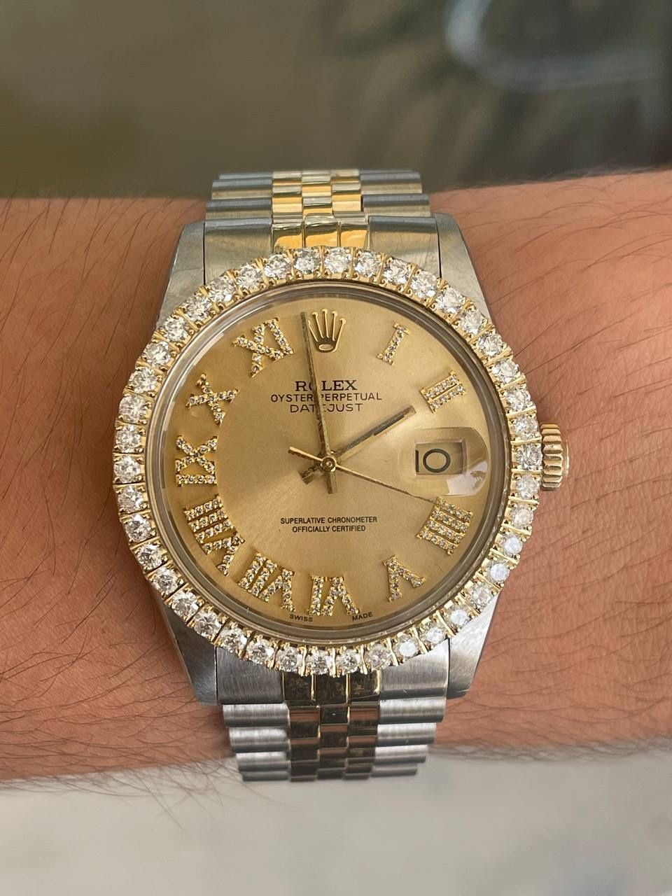 Rolex Datejust 36mm 18k yellow gold and stainless steel vvs flower set diamond bezel champagne Roman diamond dial jubilee band