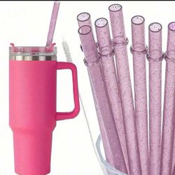 5pcs Reusable Pink Glitter Plastic Straws With Multiple Color Options, Comes With Cleaning Brush, Suitable For Fits 24oz-30oz Mason