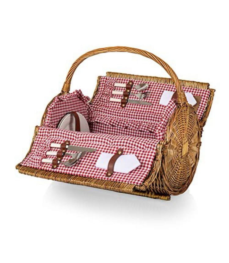π§Ί For Sale: PICNIC TIME Barrel Wicker Picnic Basket for 2 β Red & White Gingham Lined Includes Wine Picnic Set | Classic, Elegant & Ready for Outdoor