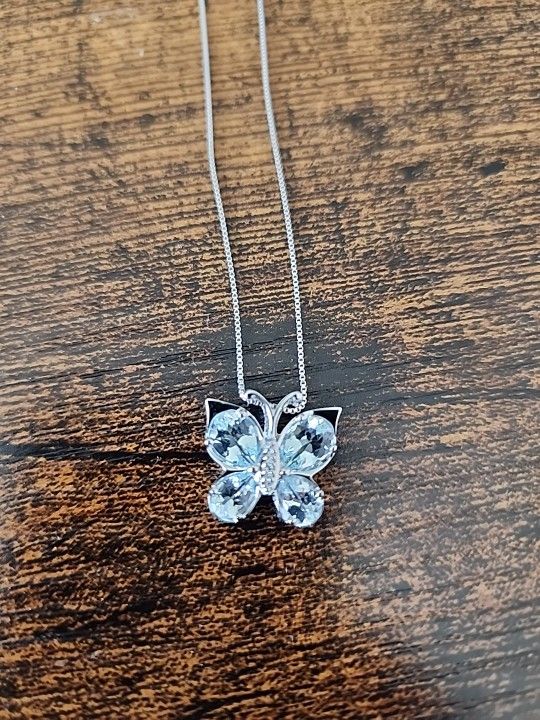 Aquamarine Silver Butterfly Necklace