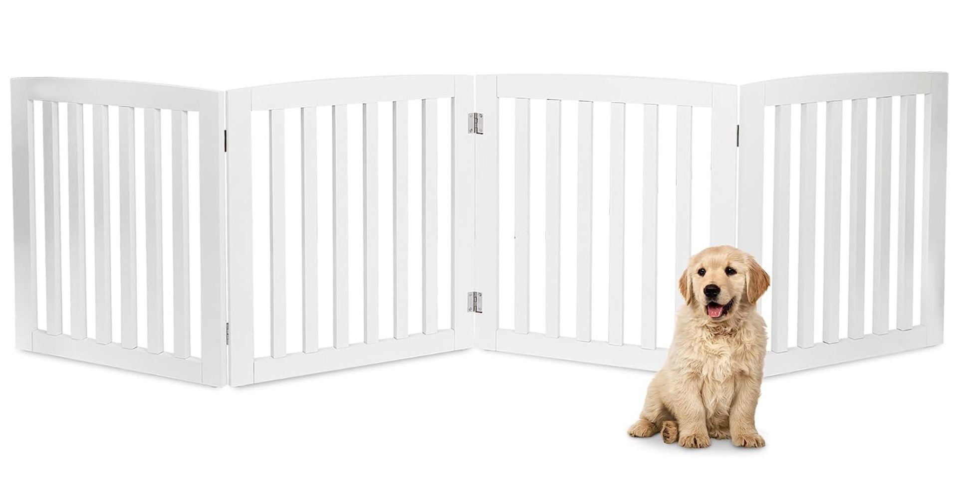 2 Freestanding Pet Dog Gate Foldable 24 Inch for House  Wooden Dog Fence 4 Panels (White)