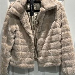 Allegra K INSPIRE CHIC Women's Faux Fur Turn Down Collar Open Front Cropped Fluffy Jacket L Light Khaki. Size: M
