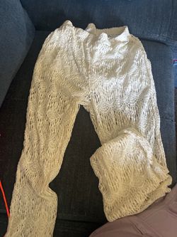 Cream Lace Crochet Wide-Leg Pants