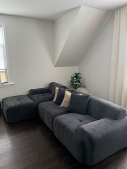 Dark Gray Corduroy Sectional Sofa with Ottoman