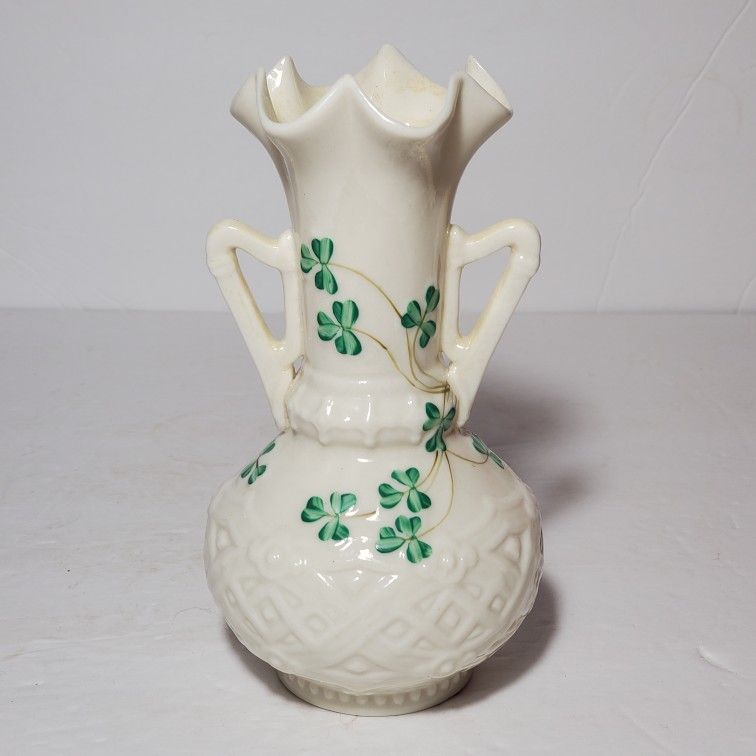 Belleek Shamrock Harp Handle Vase Black Mark