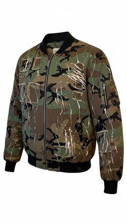 Reason Men’s L Camo Bomber Jacket Distressed Patchwork Paint Splatter Streetwear