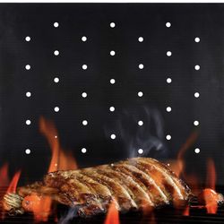 BBQ Grill Mat Non Stick - 2021 Upgraded Model With Holes - Set of 2 Heavy Duty Reusable and Dishwasher Safe Black Mesh Fireproof Topper Pads - Easy Cl
