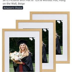12x16 Picture Frame Set of 3, Photo Frame Display 9x12 Pictures with Mat or 12x16 without Mat, Hang on the Wall, Beige