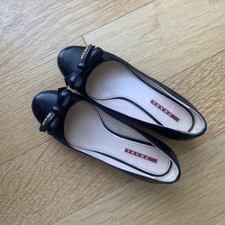 PRADA Bowtie Black Leather Ballet Pumps Flats Shoes