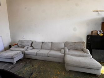 Linen Sectional Futon Couch & 2 Ottomans