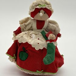 Vintage Christmas Mrs Claus Doll Red Polka Dot Dress Green Stocking Decor
