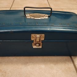Western Auto Green Metal Tackle Box Tool Box 13"L, with  Measurements on top of box!