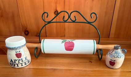 Decorative apple rolling pin, mini jug & jar