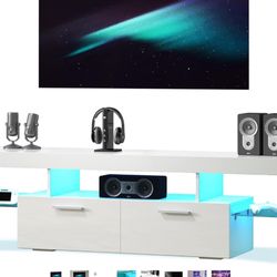 Modern LED TV Stand for 32/40/50/55 inch TV, High Glossy Entertainment Center with LED Lights, Gaming Television Stands with Large Storage, White Wood
