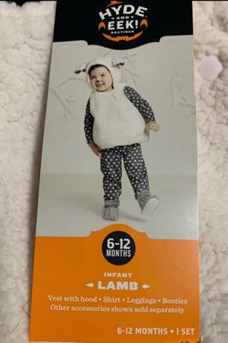 New girl fits 6, 9, 12 month deluxe 5 piece lamb costume includes hooded fleece vest, polka dot shirt, leggings and booties