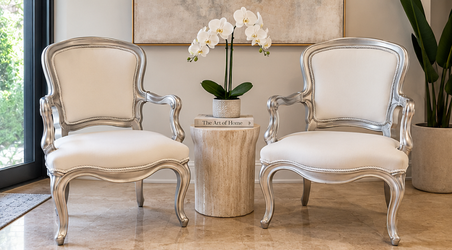 Pair of Elegant Silver & White Accent Armchairs – French / Hollywood Regency Style