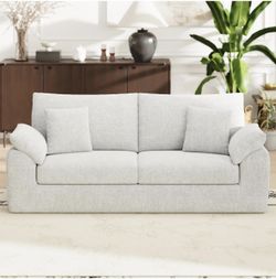 90" Boneless Loveseat Sofa, Cloud Foam Couch, 3 Seater Upholstered Midcentury Mondern Love Seat, Wide Armrest and 4 Pillows for Home Living Room/Small