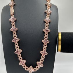 Flower 4 Leaf Clover Iced Out Premium Quality Chains & Bracelet Rose Gold Pink 