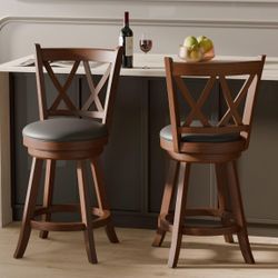 Counter Height Barstools, 24" Set of 2 Seat Height Swivel Bar Stools with X-Back, Upholstered 360 Degree Swivel Dining Chair with PVC Cushioned Seat, 