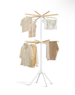 Clothes Drying Rack, Foldable Steel Airer, Bamboo Hanging Rods Space-Saving Free-Standing Laundry Rack, Indoor Use, White and Natural and Light Bamboo