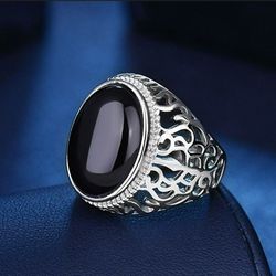 Men's 925 Sterling Silver Black Onyx Hollow Geometric Open Ring