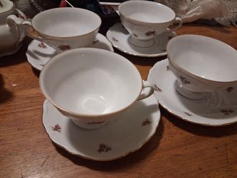 Bavaria Western Germany antique porcelain 24 it etching mini hand painted roses 4 tea cups and dishes creamer and sugar bowl 4 dessert dishes