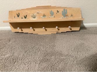 Southwestern Wood Shelf and Peg Rack Handpainted Cactus