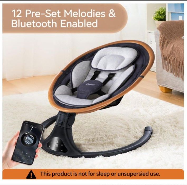 Electric Infant- Baby Rocker-Swing, Bluetooth, Remote- Gray w/ Wood trim