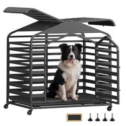 HOME Heavy-Duty Dog Crate, XL Dog Cage for Large Dogs, Escape Proof Dog Kennel with Pointed Roof, Removable Tray, Lockable Wheels, 3 Doors, 37.4 x 26.