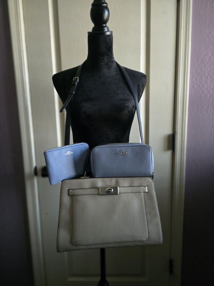 Coach Purse Matching Wallet & Wristlet Gray & Blue 