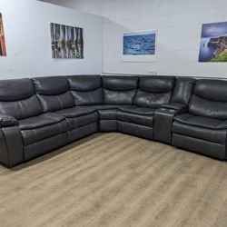 Free Delivery! Grey Leather Recliner Sectional With Cupholders, Compartment, And Outlets. 