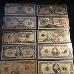 24k Gold Foil Plated US Currency Bill Banknotes Set Collectible