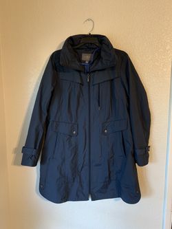 Cole Haan Womens Navy Blue Rain Trench Coat Hidden Hood Spring Jacket