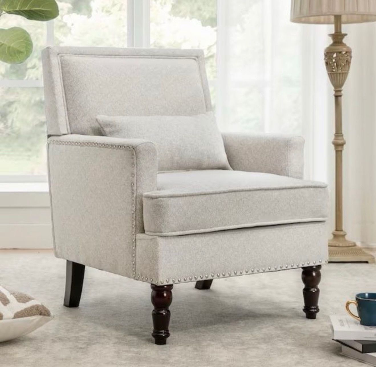 35 in. Beige Fabric Classic Accent Chair Solide Wood Upholstered Armchair with Cushion Nailheads