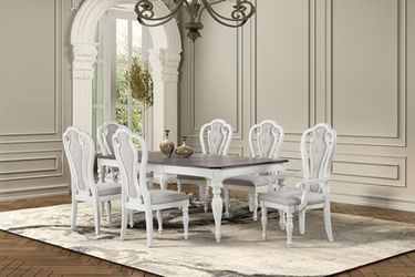 VINTAGE CLASSIC WHITE / DARK OAK FINISH 7 PIECE DINING TABLE SET COMEDOR