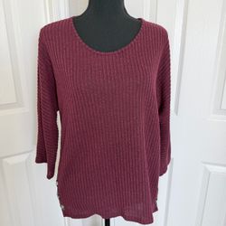 Burgundy Ribbed Knit Tunic Top w Side Button Accents Size L