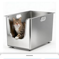 Stainless Steel Litter Box 13.7'' High Sides, XL Metal Cat Litter Box with Curved Low Entry