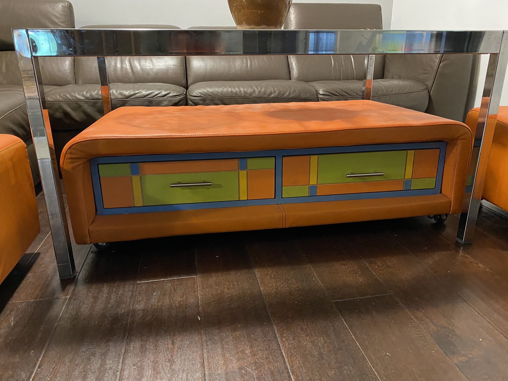 Leather Ottoman -Table With Two Rolling Chairs
