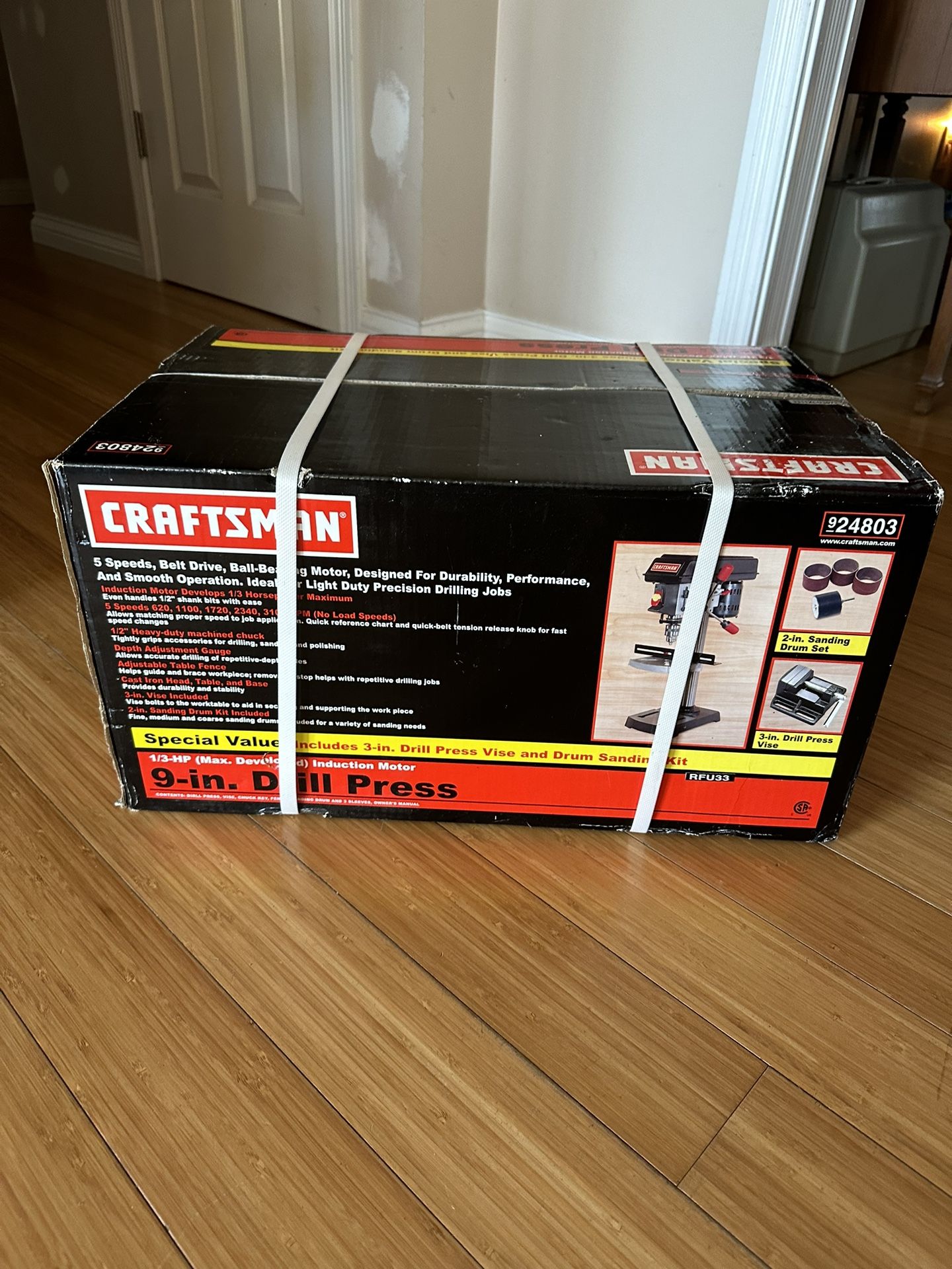CRAFTSMAN 9” Drill Press 5 Speeds , 2 IN Sanding Drum Set, 3 In Drill Press Vise 1/3 HP NEW IN BOX
